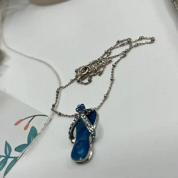 🏖️ Vintage Italy 925 Sterling Silver Blue Flip Flop Pendant Necklace - Picture 7 of 12
